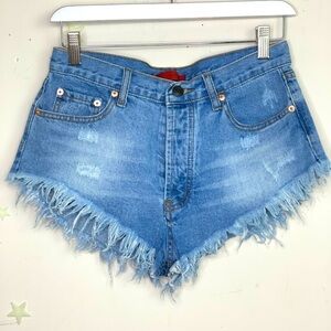 SIGNATURE 8 medium button fly distressed keep it brief micro denim shorts